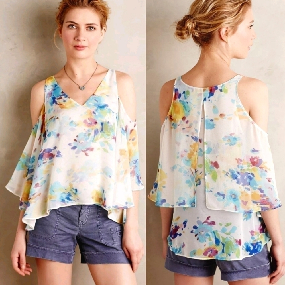 Anthropologie Floral Watercolor Cold-Shoulder Blouse in White